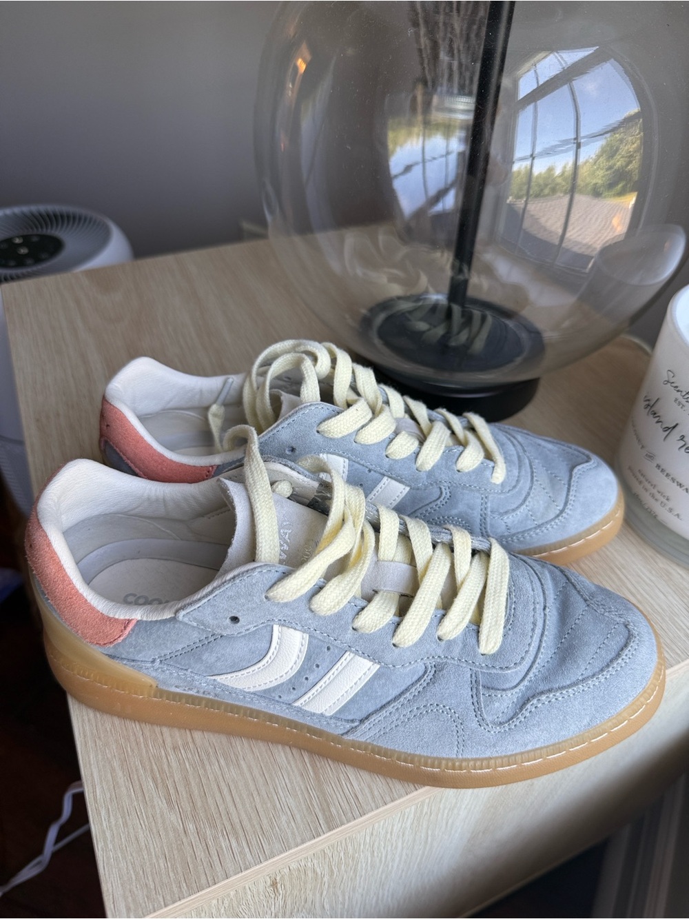 Coolway Women's Suede Sneakers in Light Blue with Pink Heel